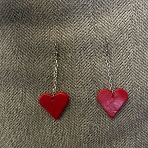 Handmade Red Heart Dangle Earrings with Silver Tone. One of a Kind!